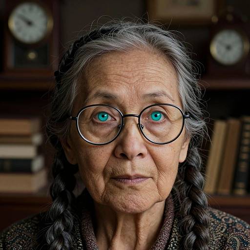 Photograph of an elderly woman with long gray hair in braids, wearing round glasses, with striking blue eyes, in a dimly lit library.