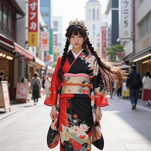 Photograph of an Asian woman in a black and red floral kimono with braided hair, standing in a bustling Japanese street with colorful shop signs.