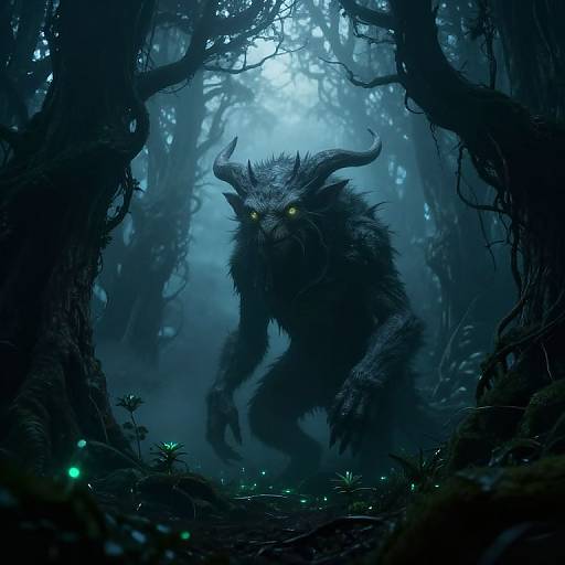 Digital fantasy artwork of a dark, horned, glowing-eyed forest demon with fur-covered body, looming menacingly in a misty, blue-lit