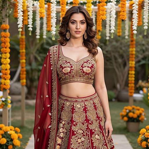 Photograph of a beautiful South Asian woman with medium skin tone, wearing an ornate red and gold traditional lehenga-choli set, standing in a