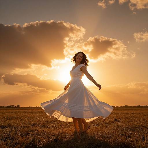 Photograph of a woman in a flowing white dress, standing in a golden field at sunset, sun and clouds backlighting her silhouette.