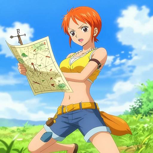 Anime-style digital drawing of a red-haired girl with short hair, wearing a yellow crop top and blue shorts, holding a map under a bright blue sky