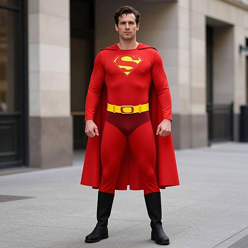 Photograph of a man in a Superman costume, red cape, yellow belt, black boots, standing on a city sidewalk. Urban background with stone buildings