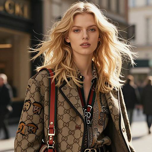 Photograph of a blonde woman with wavy hair, wearing a Gucci-patterned coat, red shoulder strap, and city background. Bright sunlight highlights