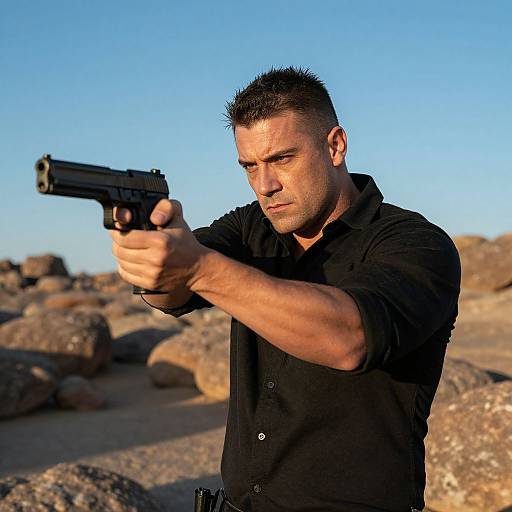 Muscular Man Aiming Handgun Outdoors