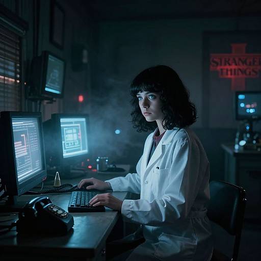 Photograph of a serious woman with curly black hair in a white lab coat, typing on a computer in a dimly lit, smoky room,