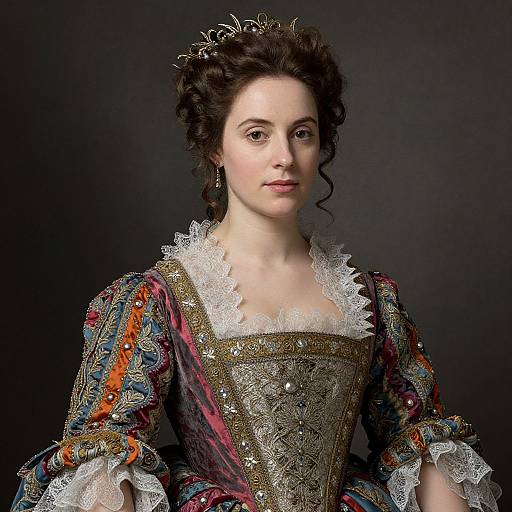Photograph of a fair-skinned woman with dark, curly hair in an elaborate, 18th-century style dress with intricate embroidery and lace, against