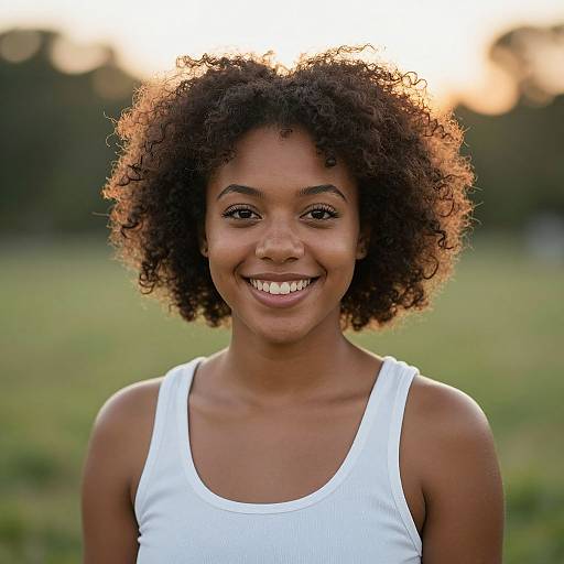 Photograph of a smiling young Black woman with natural curly hair, wearing a white tank top, standing in a green field at sunset.