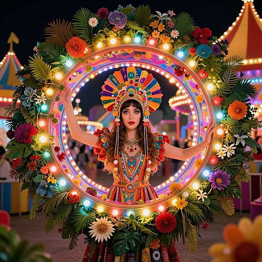 Colorful carnival photograph of a woman with intricate headdress and traditional dress, holding a circular, illuminated floral wreath. Festive, vibrant background with