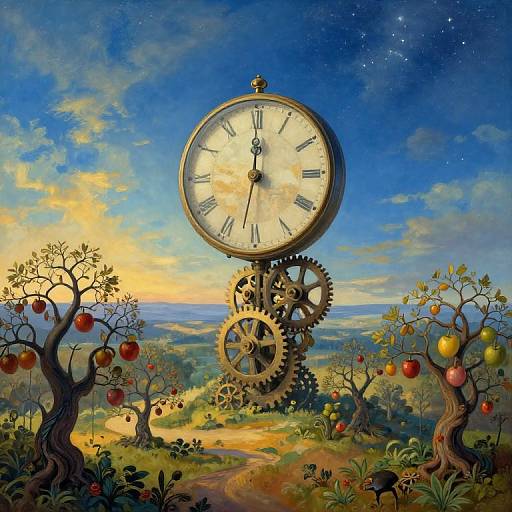 Fantastical digital painting: oversized clock with gears stands among apple trees, colorful sky, and rolling countryside at sunset. Whimsical, surreal style