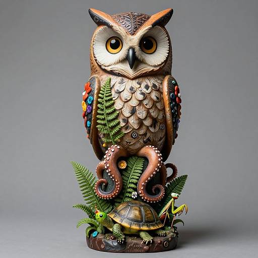 Colorful, detailed owl sculpture with large eyes, textured feathers, and vibrant patterns, perched on a tree stump with a turtle and ferns.