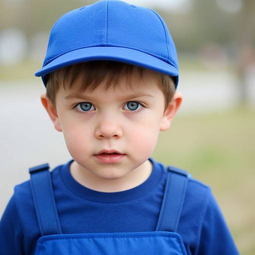 Photograph of a young boy with blue eyes, wearing a blue cap and overalls, looking directly at the camera outdoors.