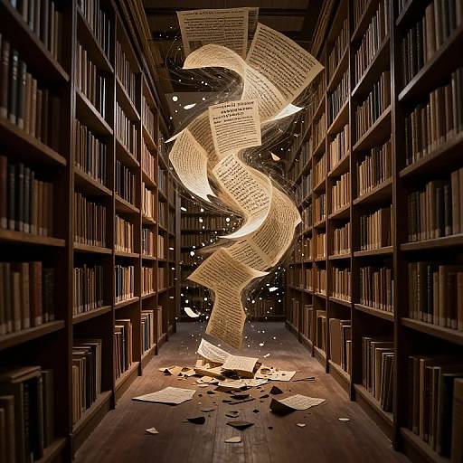 Photograph of a dimly lit library aisle with swirling, glowing, floating papers among tall, dark wooden bookshelves. Papers cascade to the floor