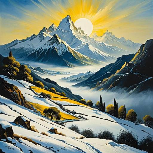 Misty Mountain Valley Painting with Sun and Snow