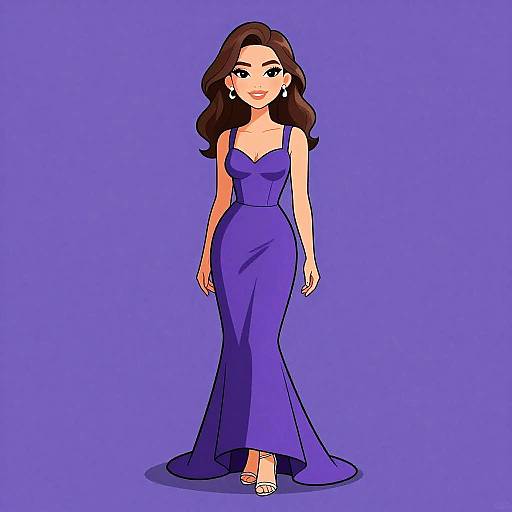 Digital illustration of a smiling woman with wavy brown hair, wearing a sleeveless, floor-length, royal blue dress and white sandals, standing against a