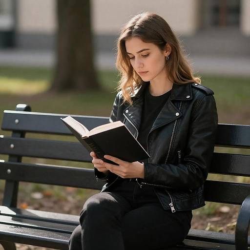 Sunlit Woman in Black Leather Reading