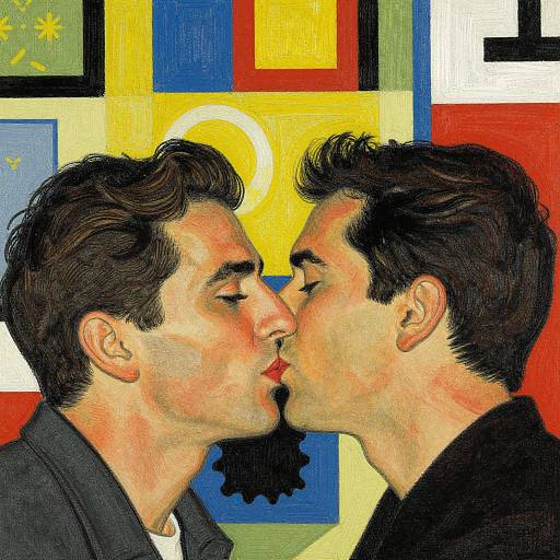 Digital artwork of two young men with dark hair kissing, set against a vibrant, geometric background with bold colors and shapes.