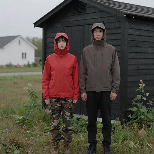 Two People Standing by Wooden Shed