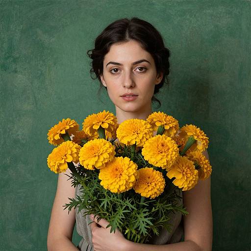 Photograph of a young woman with dark curly hair, fair skin, and brown eyes, holding a bouquet of vibrant yellow marigolds against a textured