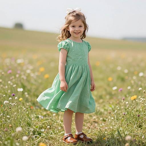 Photograph of a smiling young girl with wavy brown hair, wearing a light green dress and brown sandals, standing in a sunlit meadow filled
