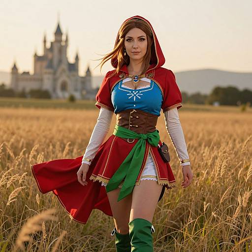 Photograph of a brunette woman in a red hooded medieval outfit with blue top, green sash, and boots, standing in a golden wheat field