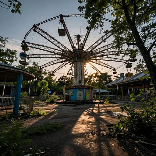 Photograph of a sunsetting Ferris wheel in a shaded amusement park, casting long shadows, with blue buildings and greenery in the background.