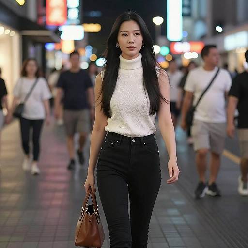 Confident Asian Woman Walking Night City