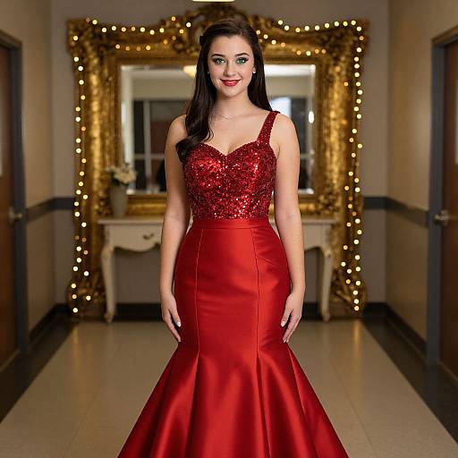 Photograph of a fair-skinned woman with long brown hair, wearing a red sequined sleeveless gown, standing in front of a large gold-fr