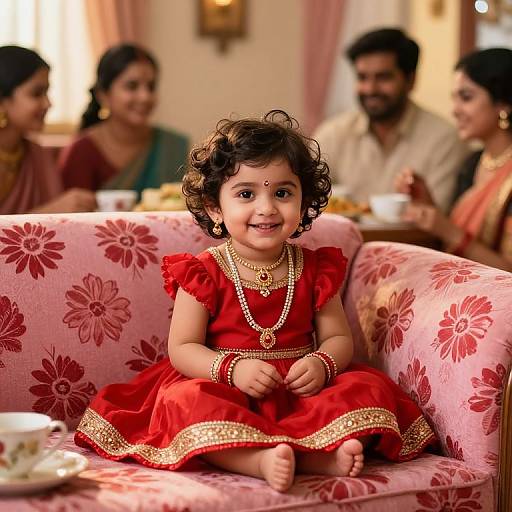Photograph of a smiling, curly-haired Indian toddler in a red dress with gold trim, sitting on a pink floral sofa, surrounded by adults in traditional