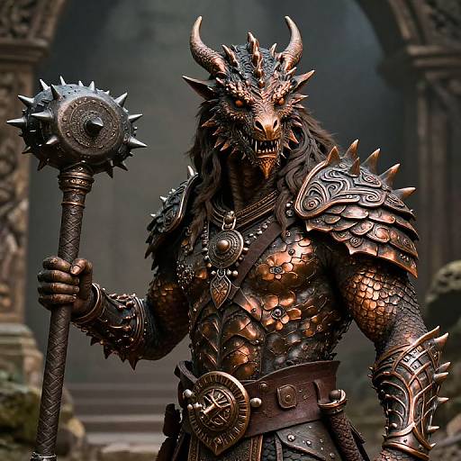 Digital art of a muscular, horned, dragon-headed warrior with spiked armor and a spiked mace, standing in a dark, ancient temple.