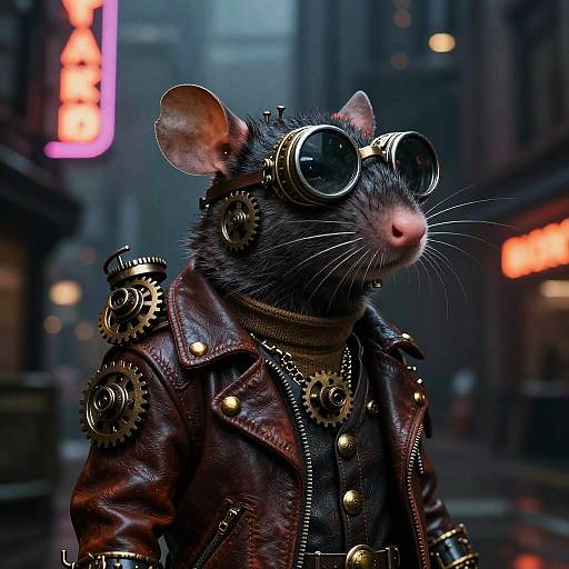 Steampunk rat wearing goggles, leather jacket with gears, standing in a neon-lit city street at night, digital art.