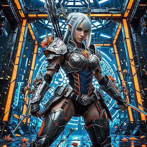 Silver-Haired Cyber-Japan Archer Warrior