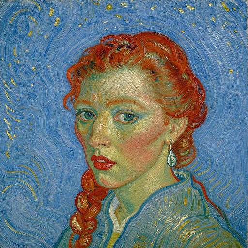 Digital painting of a red-haired woman with braided hair, blue-green eyes, red lips, and teardrop earring, set against a swirling
