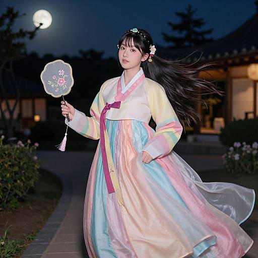 Photograph of an Asian woman in a pastel-colored traditional Korean hanbok, holding a decorative fan, standing in a moonlit garden at night