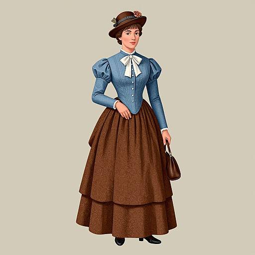 Victorian-era illustration of a woman in a blue puffed-sleeve blouse, white bow, brown skirt, black hat, and holding a black