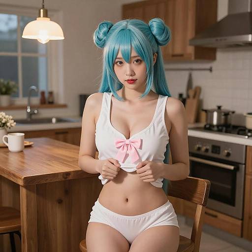 Woman with Turquoise Hair in Kitchen