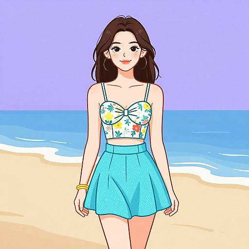 Digital drawing of a smiling young woman with light skin, brown hair, wearing a floral crop top and blue skirt, standing on a beach with blue ocean