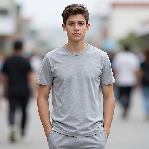 Photograph of a young, handsome, white male model with short brown hair, wearing a light gray t-shirt and matching pants, standing confidently with hands