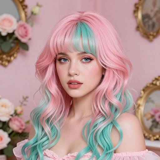 Digital portrait of a young woman with pastel pink and turquoise wavy hair, blue eyes, and pink lipstick, wearing a white off-shoulder