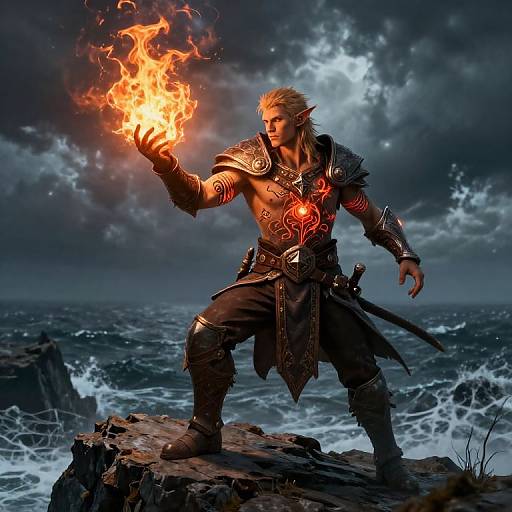 Epic fantasy image: muscular blond elf with pointed ears, black armor, and chest plate, conjures fiery orb on stormy ocean cliff.