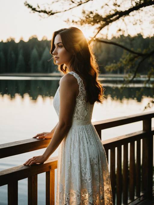 Woman in White Lace Dress by Lake at Sunset