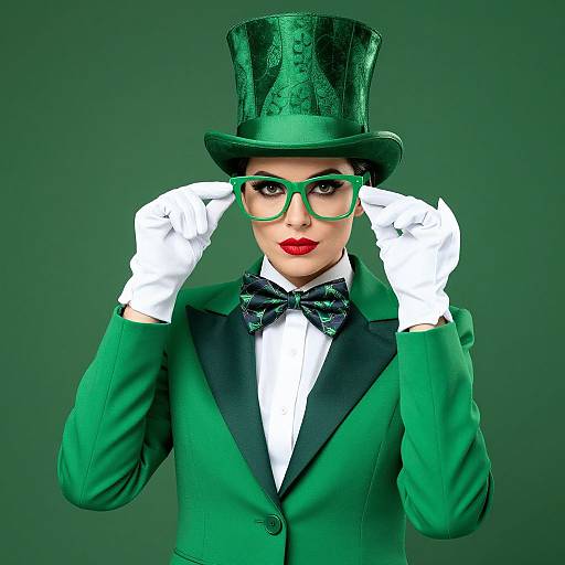 Photograph of a woman in a green top hat, matching suit, white gloves, red lipstick, and green glasses, adjusting them against a dark green