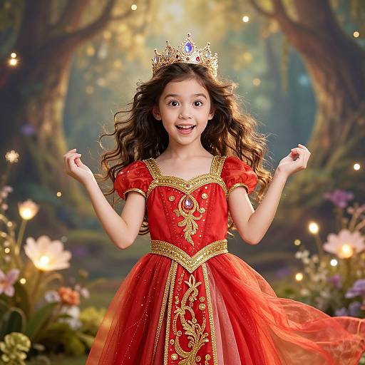 Photograph of a young girl with long brown hair, wearing a gold crown and red, gold-embellished dress, smiling joyfully in a