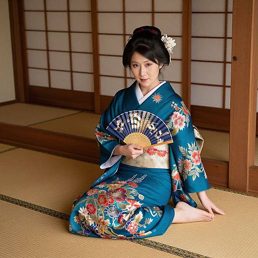 Photograph of an Asian woman in a blue floral kimono, sitting on a tatami mat, holding a fan, traditional Japanese setting.
