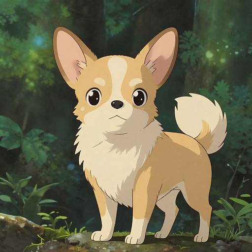 Digital anime-style drawing of a cute, light brown and cream-colored Chihuahua with large ears and big, expressive eyes, standing in a dark
