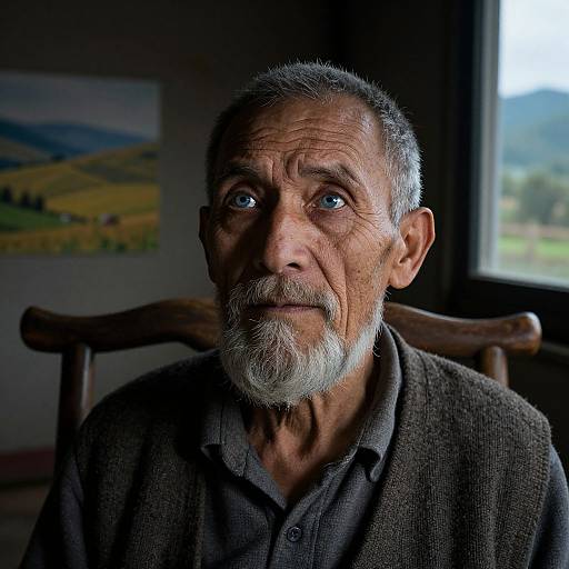 Photograph of an elderly man with gray hair and beard, blue eyes, wearing a gray cardigan, seated indoors with a scenic countryside painting and window