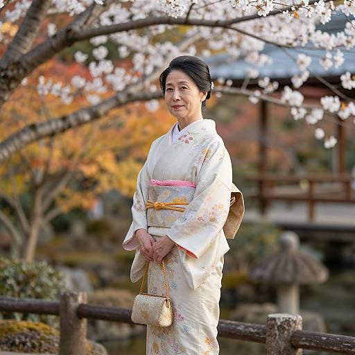 Photograph of an elegant Japanese woman in a white kimono with pink and yellow obi, holding a small purse, standing in a cherry blossom garden