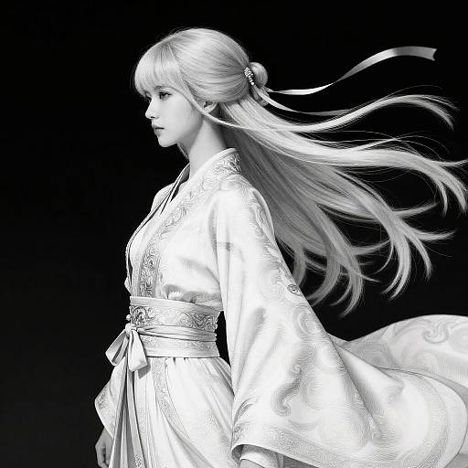 Silver-White Hanfu Maiden, Monochrome Portrait