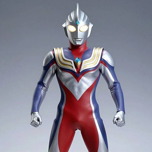 Digital 3D rendering of a humanoid figure in a metallic, silver and red superhero suit with blue and gold accents, glowing white eyes, and a