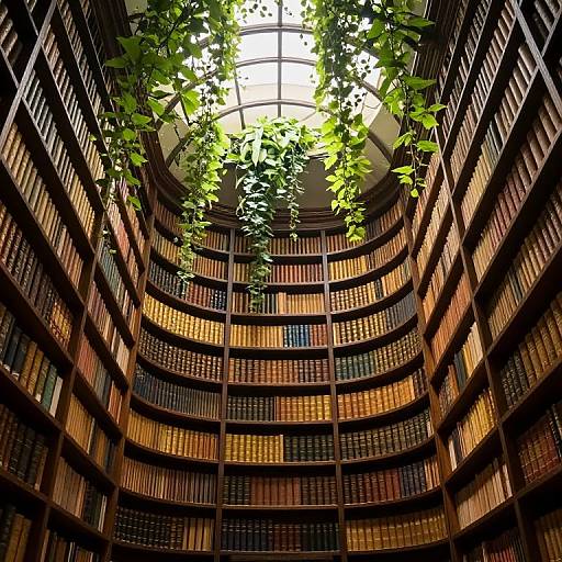 Photograph of a grand, circular library with towering shelves of books, illuminated by a large, arched skylight with green leaves.